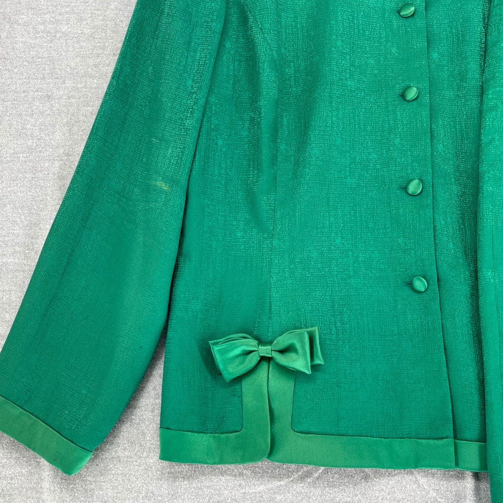 Adrianna Papell VTG Emerald Green 100% Silk Skirt Suit Set Sz 16 Bows Co-Ord 90s - Picture 2 of 14